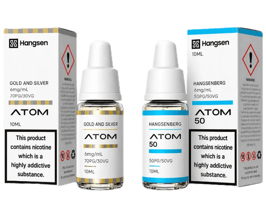 Hangsen Atom 70/30 and Atom 50 50/50 E-Liquids with packaging at Jack's