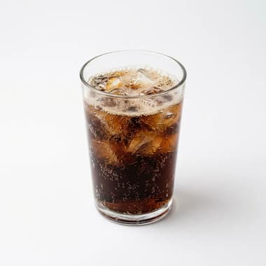 A clear glass of fizzy cola with ice cubes on a plain white background