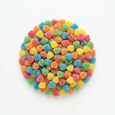 A round pile of colourful sugar-coated fizzy sweets on a plain white background