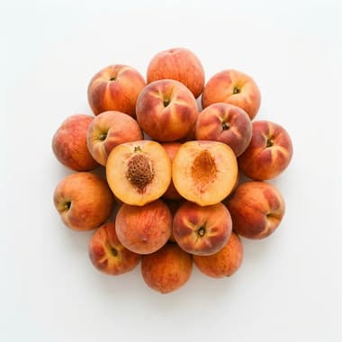 A round pile of ripe peaches with two halves showing the stone, on a plain white background