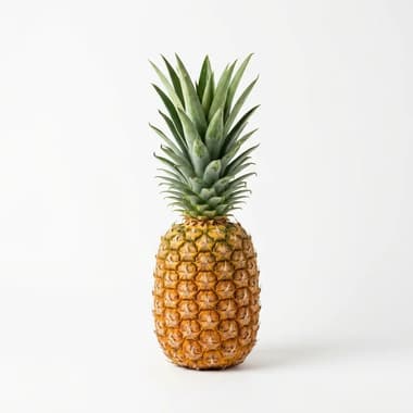 A single whole pineapple with its green leafy crown on a plain white background